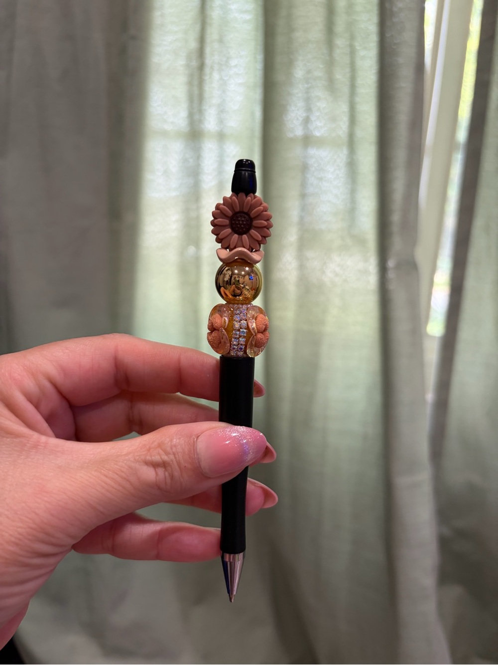 Decorative Black Ballpoint Pen with Brown Sunflower Charm